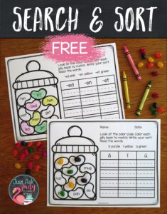 Use this sweet activity to search for and sort words with short vowel patterns in kindergarten and first grade.