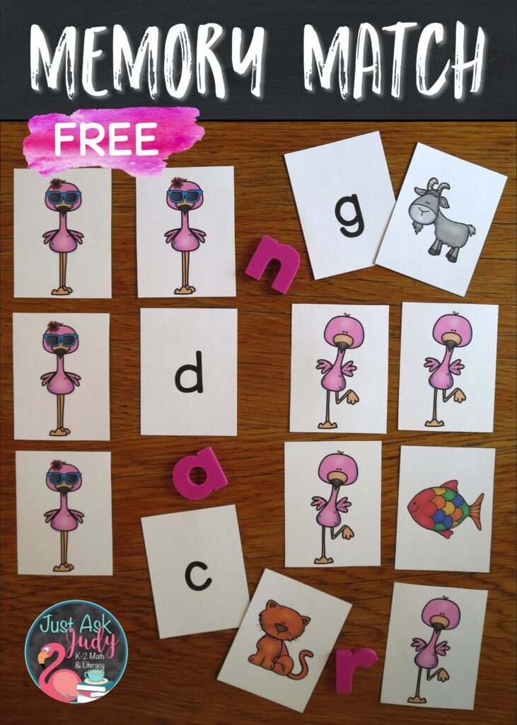 Click to download this free flamingo themed memory match game. It’s a great activity for preschoolers and kindergarteners learning to identify letters and to associate those letters with their corresponding initial consonant and short vowel sounds. 