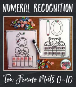Help your preschoolers and kindergarteners develop skills in numeral recognition, numeral formation, counting quantities, and cardinality with these easy to prepare full-page pet themed ten-frame number mats (0-10).