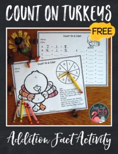 Download this free turkey-themed addition fact activity. Use it to provide math review or practice in kindergarten, first, and second grades.