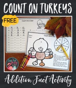 Check out this free turkey-themed activity! Give your kindergarteners, first, and second graders practice applying the count on addition fact strategy in a fun way.